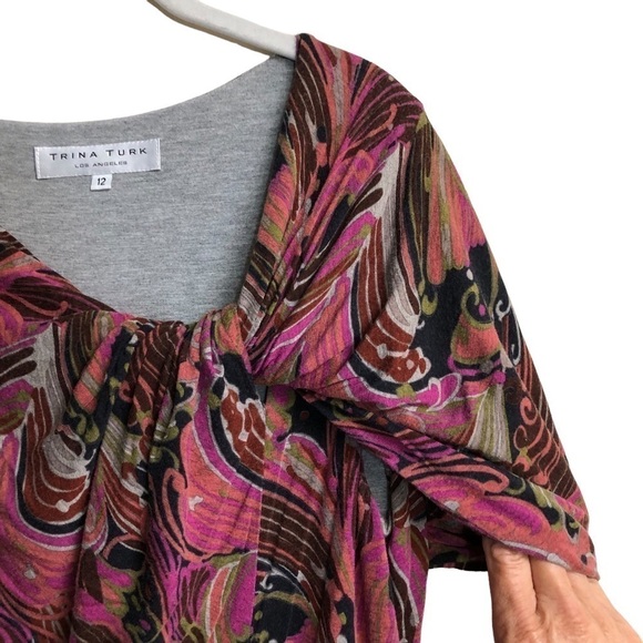 Trina Turk Raven Plumes Dress Pink Multicolor Asymmetrical Neckline Size 12 - Picture 5 of 9